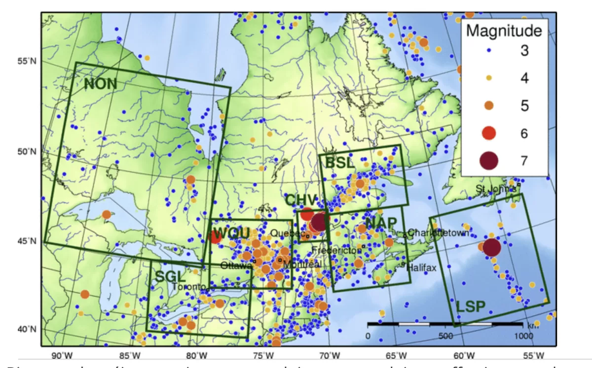 carte des zones sismiques de l'Est du Canada