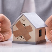 Businesswoman's Hand Protecting Broken House With Bandage On Desk