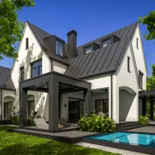 Modélisation 3D d'une maison moderne haut de gamme, avec piscine et un magnifique aménagement paysager.