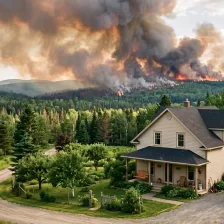 maison dans un paysage de forêt avec fumée d'un feu de forêt au loin à l'arrière-plan