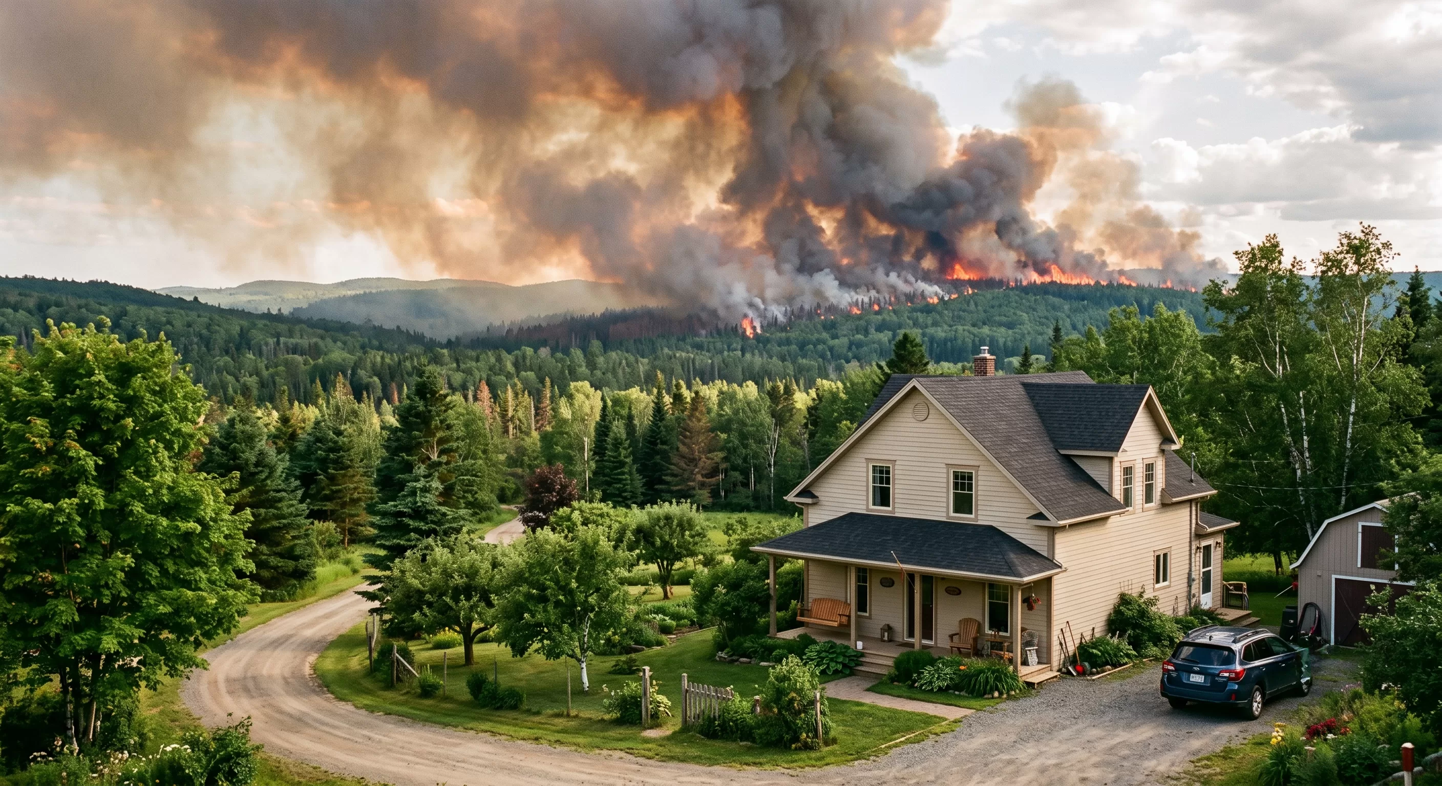 maison dans un paysage de forêt avec fumée d'un feu de forêt au loin à l'arrière-plan